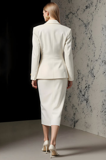 Ivory 2 Piece Ivory Peak Lapel Pencil Midi Business Suits